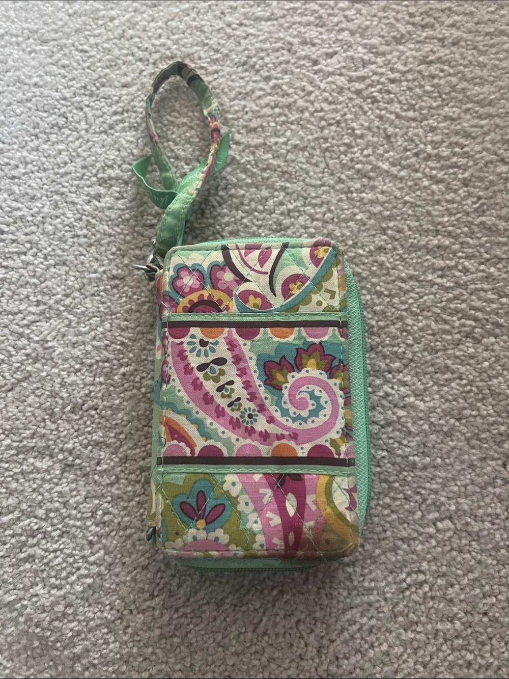 Vera Bradley Quilted Paisley Wristlet in Mint, Pink & Orange
